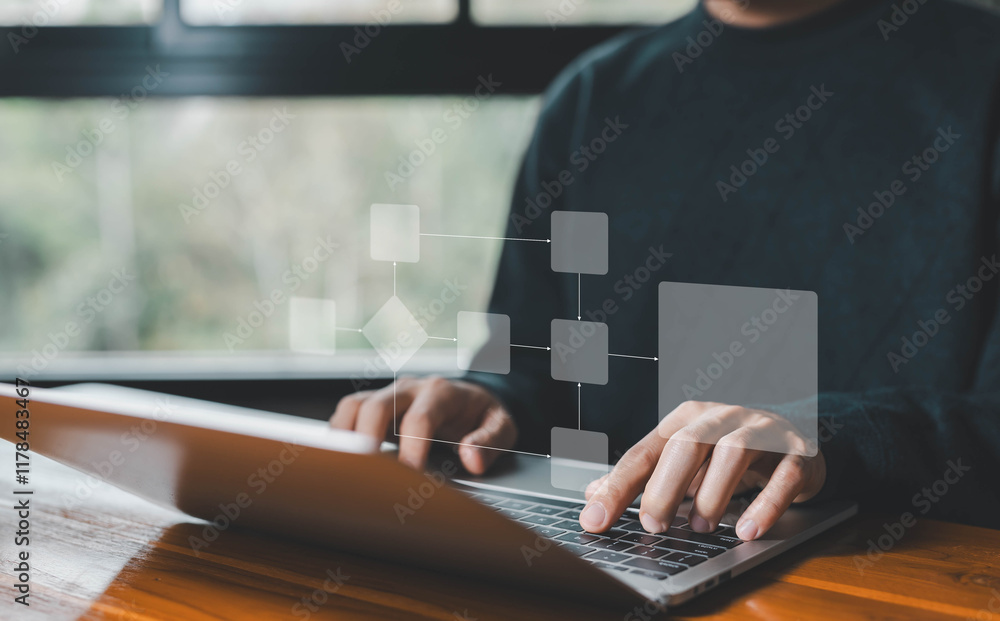 business processes and algorithm diagram flow on a computer laptop ...