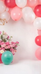 Wall Mural - Pastel Pink Balloons  Flowers  Geometric Decor  Party Background