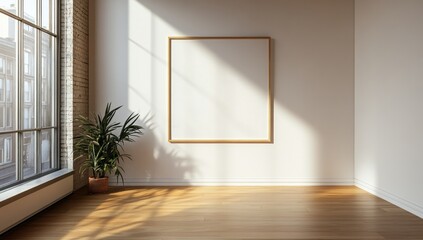 Wall Mural - Sunlight illuminates empty room with hardwood floors, large window, and blank frame.