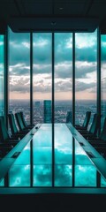 Wall Mural - A large conference table with a view of the city. The chairs are empty. The table is made of glass