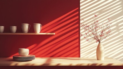 Wall Mural - Sunlit kitchen counter with pottery, vase, and branches.