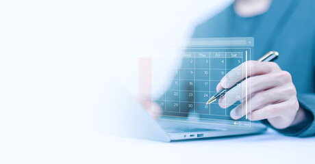 Fototapete - plan schedule calendars online on a laptop, arrange appointment agendas in business and manage planning meetings. timeline design on technology digital concept
