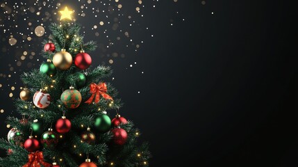Wall Mural - festively decorated 3d christmas tree, colorful balls and ornaments shine on a transparent backgroun