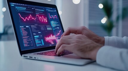 Wall Mural - hands typing on laptop showing bright data visualization and analytical graphs in modern workspace