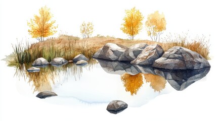 Wall Mural - Calm autumn lake scene with rocks, trees, and reflections.