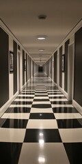 Wall Mural - A striking view of a long empty hallway featuring a black and white checkered floor. The sleek walls enhance the modern aesthetic, creating a calm and inviting atmosphere.