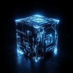 Wall Mural - Cube with a blue light on it. The cube is lit up and has a futuristic look to it