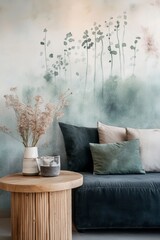 Sticker - Elegant living room featuring a green velvet sofa, wooden table, and artistic floral wall design, creating a cozy and modern atmosphere.