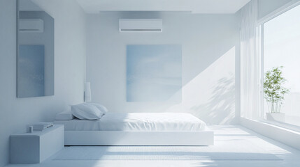 Canvas Print - Minimalist modern bedroom with bright white walls and sunlight