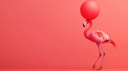 Wall Mural - A pink flamingo balances a red sphere on its head against a coral background.