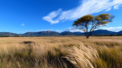 Canvas Print - Lone tree in golden savanna grassland under a vibrant blue sky with distant mountains.