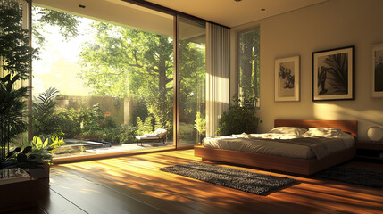 Canvas Print - Modern bedroom with large windows and sunlight streaming in