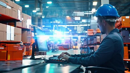 Modern warehouse worker using advanced technology and digital interfaces to manage logistics and inventory in a high-tech storage facility. The scene highlights the integration of technology in supply