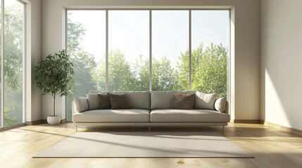 Canvas Print - Sleek modern living room with sofa facing large panoramic windows