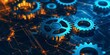 © Cloudyew - Close-up of metallic gears in a digital network, showcasing technology and innovation with a vibrant blue and orange glow.
