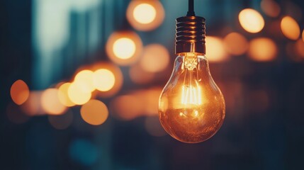 Poster - This stunning image features an illuminated light bulb, beautifully contrasted against a soft, out-of-focus bokeh background, evoking warmth and creativity.