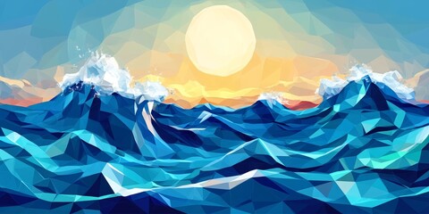 Wall Mural - a beautiful ocean scene with a large sun in the background. the waves are crashing and the sky is a 