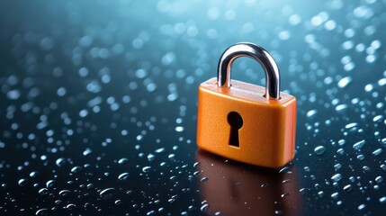 Wall Mural - Enhanced security, a padlock with water droplets on table symbolizing protection and safety