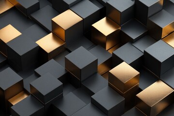 Sticker - Abstract 3D render of black and gold cubes.