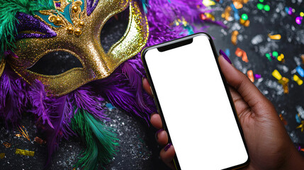 Wall Mural - A mockup of the phone in the hand of a black woman, top view, close-up. Online shopping on Mardi Gras day. Golden carnival mask. Fat Tuesday. Mobile app advertising