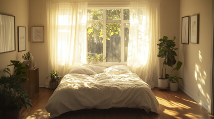 Canvas Print - Bright bedroom with sunlight filtering through windows, creating serene atmosphere