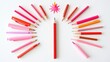 © savittree - Assorted stationery, including sharpened pencils and red and pink markers, centered around a unicorn pen on a plain white background with room for text