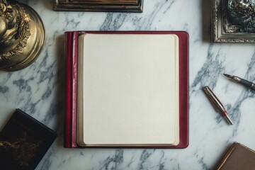 Wall Mural - red book with a white page sits on a marble countertop. the book is open to a blank page, and a pen