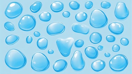 Canvas Print - Collection of various-sized translucent blue water drops on a light blue background.