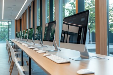 Wall Mural - educational technology setup modern office digital learning environment collaborative space wide-ang