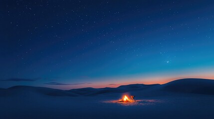 Wall Mural - Campfire embers glow against the soft silhouette of dunes, as dusk fades and a deep star-filled sky blankets the serene desert