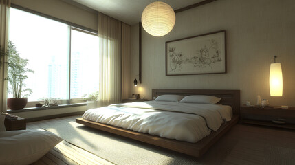 Wall Mural - Contemporary bedroom with sleek furniture and neutral tones