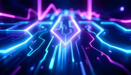 Poster - Abstract blue arrow glowing with lighting and line grid on blue background technology hi-tech concept. Abstract glowing blue arrow with illuminated lines and grid on deep blue background in low light