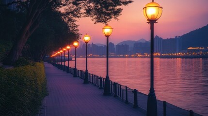 Poster - First light of day bathes the city across the bay, with a row of glowing street lamps guiding a serene riverside path