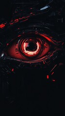 Poster - Close up of a red eye with a glowing light in the center. The eye is surrounded by a dark background