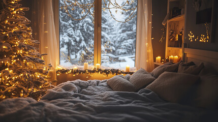 Canvas Print - Cozy room with festive lights and snow framed window, creating warm ambiance