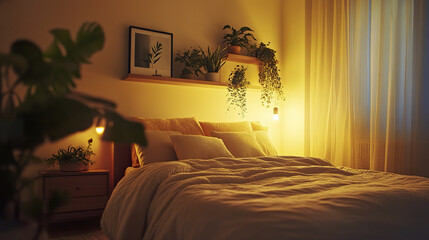 Canvas Print - Cozy bedroom with soft lighting and potted plants on shelves