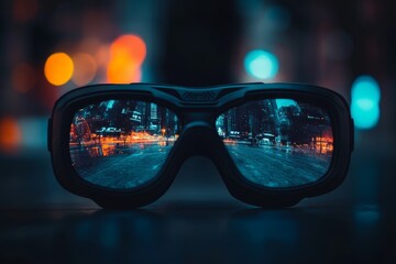 Wall Mural - A pair of glasses with a reflection of a city in the lens. The reflection is blurry and the city is lit up at night