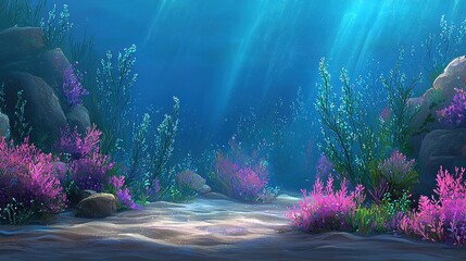 Wall Mural - A magical coral reef where glowing sea dragons glide gracefully among bioluminescent plants. The water shimmers with vibrant hues, reflecting the radiant beauty of the undersea world. 