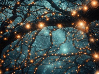 Wall Mural - a magical forest where radiant vines stretch between glowing trees, creating a canopy of golden ligh