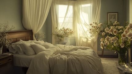 Canvas Print - Serene bedroom with morning light filtering through curtains