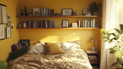 Canvas Print - Cozy small bedroom with yellow walls and sleek wall mounted shelves