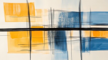 Leinwandbilder - Modern composition of muted amber and blue pencil strokes intersected by bold black lines creates a balanced abstract artwork
