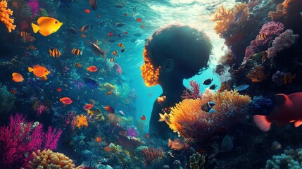 Aufkleber - Child illuminated by colorful fish among vibrant coral reefs in an underwater wonderland