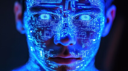 Poster - Vibrant portrait of a man's face illuminated by glowing circuit boards and digital eyes radiating blue light