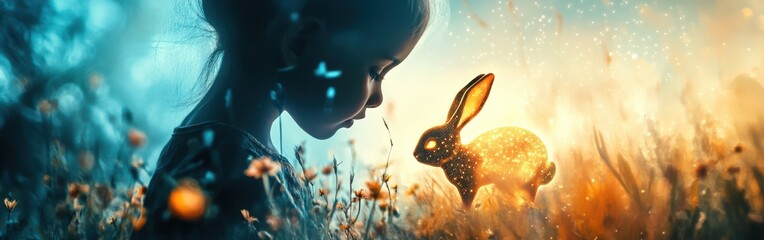 Leinwandbilder - Surreal visualization of a child's profile with a glowing rabbit hopping through a radiant meadow