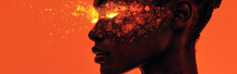 Leinwandbilder - Surreal model's face glowing with radiant ink splashes creating abstract art during a creative photoshoot