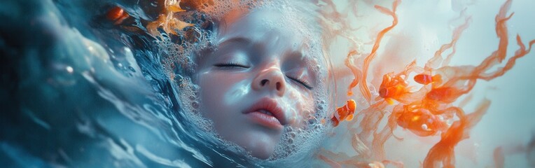 Aufkleber - Surreal portrait of a child’s face in an ocean with glowing coral and vibrant fish beneath the surface