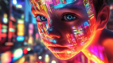 Leinwandbilder - Surreal child portrait with glowing skateboards and vibrant cityscapes filled with motion