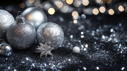 Leinwandbilder - Sophisticated display of gunmetal gray ornaments and sparkling silver on a black background during holiday celebrations