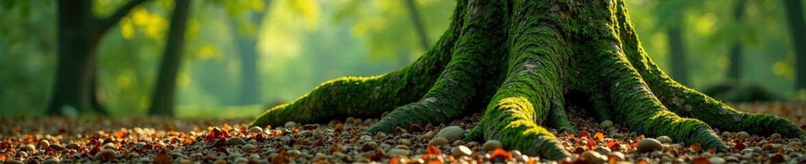 Wall Mural - Moss covered tree trunk with stones at its base, tree, foliage